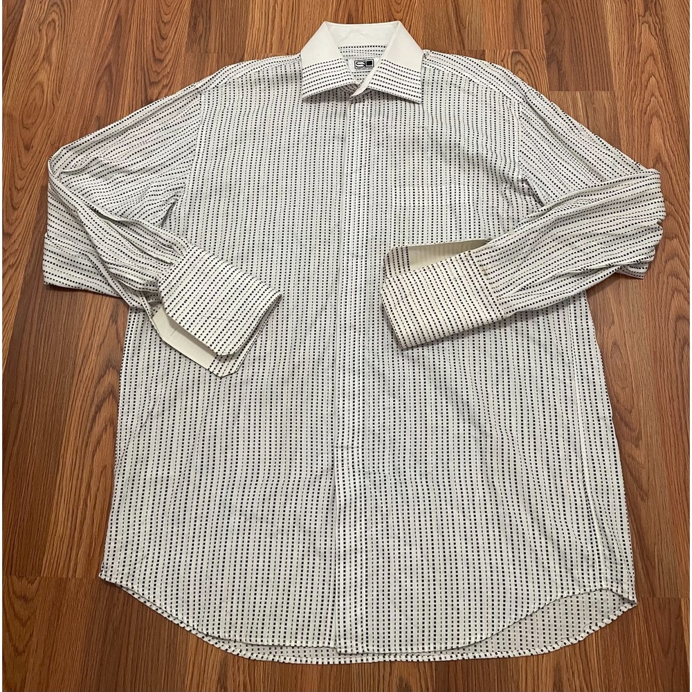 Steven Land Dress Shirt Mens Large Dash Stripe Woven Contrast Cuff Collar